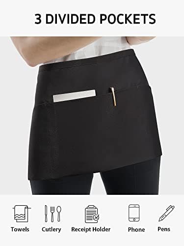 Syntus 3 Pack Server Aprons with 3 Pockets, Waterdrop Resistant Waitress Waiter Waist Apron, 11.5-inch Black 5