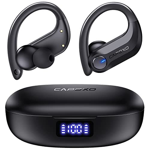 CAPOXO Bluetooth Headphones Wireless Earbuds 120Hrs Playtime Ear Buds IPX7 Waterproof Sports Earphones 2600mAh Wireless Charging Case Headset with Over-Ear Earhooks LED Power Display Mics for Workout