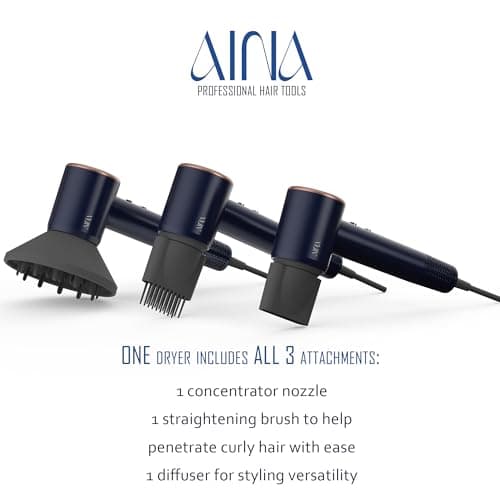 AINA Hair Dryer,Blow Dryer with Diffuser Brush Comb for Women - BLDC Hair Dryer - Brushless Motor, 110,000 RPM Lightweight,Ionic Travel, 3 Magnetic Attachments 110V/ALCI(Blue Golden) 2