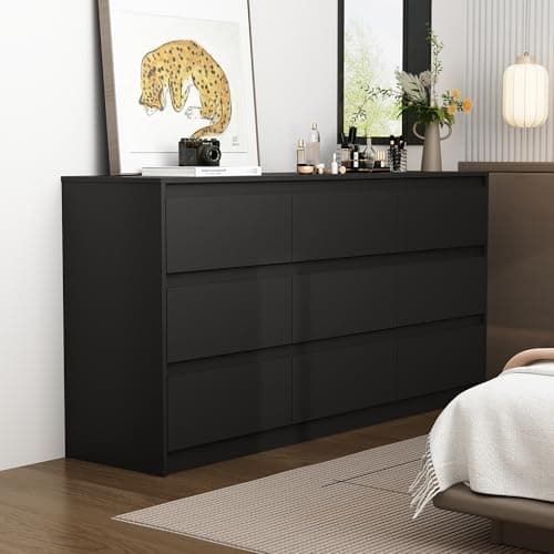 Homsee 9 Drawers Double Dresser, Modern Wood Dresser Chest of Drawers with Large Storage Space for Bedroom, Black (63”L x 15.7”W x 31.5”H)