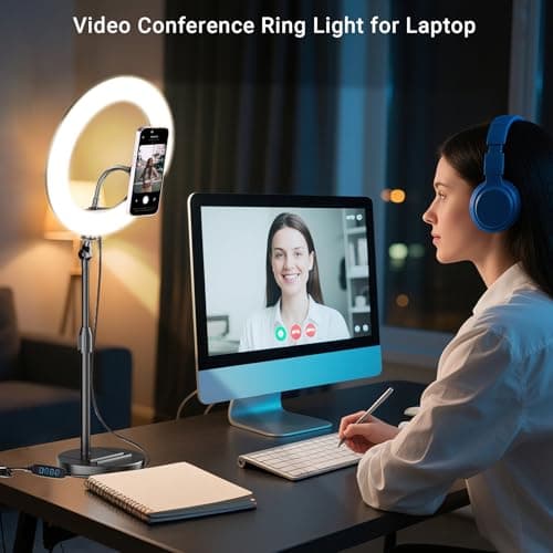 Desk Ring Light with Magnetic Phone Holder, 10'' Video Conference Podcast Lighting Kit for Laptop Computer Monitor Zoom Call Streaming, 3 Color LED Halo Light with Adjustable Stand for Home Office 8