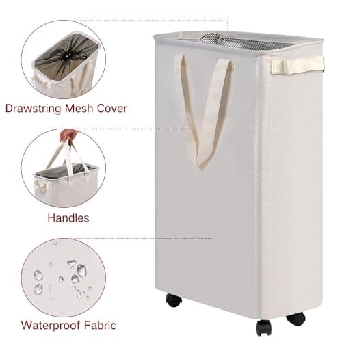 efluky Slim Laundry Hamper with Wheels, Rolling Laundry Basket for Clothes, Small Laundry Basket for Bedroom, Dorm and Laundry Room, 60L (12.7 Gallons) Beige 5
