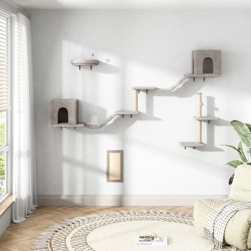 COZIWOW 8-in-1 Cat Wall Furniture Set – Wall Mounted Cat Climbing Wall Shelves with Tree, Perch, Scratching Post and Bridge for Large Cats (Gray)