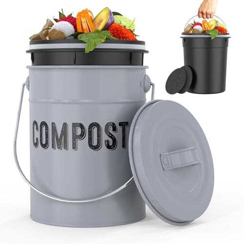 Compost Bin Kitchen Counter, Indoor Compost Bin, Countertop Compost Bin with lid, Compost Bucket Includes Inner Bucket with Sealed Ring and Non-Smell Carbon Filters(1.0 Gallon Gray)