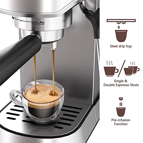 wirsh Espresso Machine,20 Bar Espresso Maker with Commercial Steamer for Latte and Cappuccino, Expresso Coffee Machine with 42 oz Removable Water Tank,Stainless Steel (Home Barista) 5