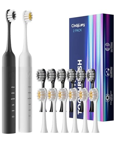 CindyLary 2 Pack Electric Toothbrush for Adults and Kids - Rechargeable Kids Ages 12+ and Adults with 12 Brush Heads & 2 Electric Toothbrush, 90 Days Battery Life - Black and White