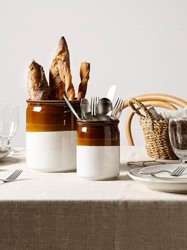 LE TAUCI Kitchen Utensil Holder, 7.2" & 5.4" Ceramic Utensil Crock for Countertop, Large Heavy Weighted Spatula Organizer, Rustic Farmhouse Decor, Vintage Two-Tone Glaze, Set of 2, Brown & White 7