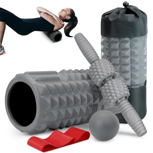 Krightlink 5-in-1 Foam Roller Set, Massage Roller Stick, Massage Ball, Resistance Band for Deep Muscle Massage, Trigger Point Release, Pilates, Yoga (Grey)