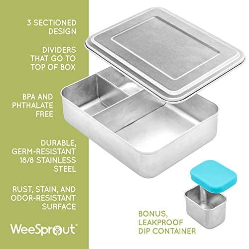 WeeSprout 18/8 Stainless Steel Bento Box (Compact Lunch Box) - 3 Compartment Metal Lunch Containers, for Kids & Adults, Bonus Dip Container, Fits in Lunch Bag & Backpack 2