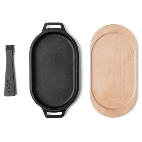 ooni Cast Iron Sizzler Pan - Griddle Frying Pan, 12" x 6" Sizzler Plate with Removable Handle and Bamboo Trivet, Pre-Seasoned Non-Stick Oven Safe Cookware, Pizza Oven and BBQ Accessories