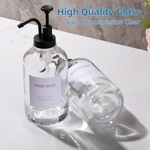 Glass Soap Dispenser with Pump, Dish and Hand Soap Dispenser for Kitchen Bathroom Set, Clear Glass Dispenser Set of 2 Pack with 18 Stickers Funnel Bamboo Tray 500ml 18oz / Each Bottle Sliver Pump 7