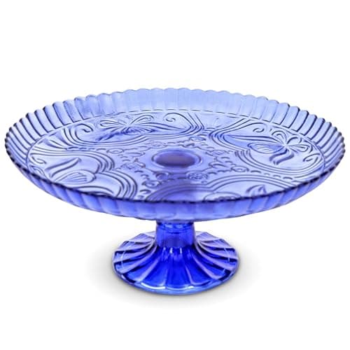 Amici Home Flower Footed Glass Cake Stand | Round Vintage Style Cake Plate | Serving Platter for Cupcakes, Cookies | Dessert Display Stand for Parties, Weddings, and Gift | 10” D x 4” H (Cobalt)