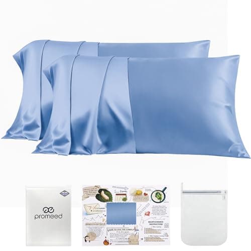 PROMEED 100% Mulberry Silk Pillowcase Set of 2, Both Sides Natural Silk Pillow Case 2 Pack Cooling Pillow Cases for Hot Sleepers, Hidden Zipper Closure (Queen 20"x30", Light Blue)