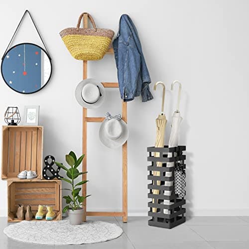 Tudomro Umbrella Stands for Entryway Large Metal Umbrella Holder 6.3 x 5.5 x 16.5 Inches with Removable Water Tray and Hooks Decor Freestanding Rectangular Hollow Rack for Home Office(Black) 5