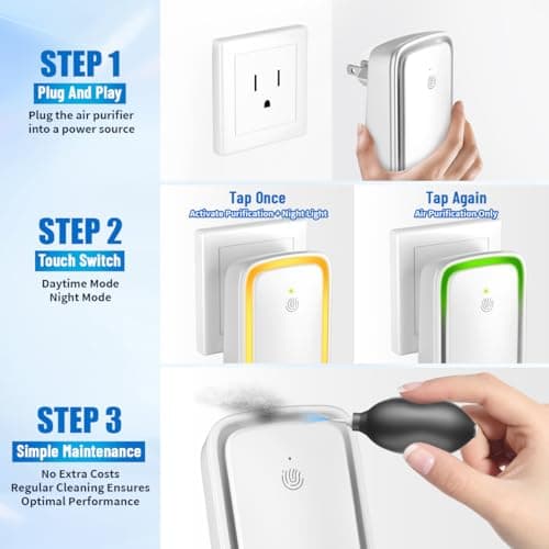 Air Purifier Plug In 3 Pack Kit - Ultra Silent Air Ionizer Purifier For Home, Portable Negative Air Ionizer with Touch Night Light & Silicone Air Blower for Room Office Kitchen Bathroom and Pet 5