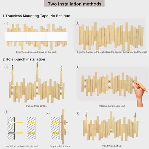 MinBoo Bamboo Multi Hook Coat Rack – Modern, Unique, Space-Saving Coat Hanger with 4 Flip-Down Hooks for Hanging Coats, Christmas Decorations,Bamboo 6