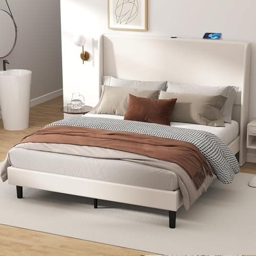 GTRACING Queen Size Bed Frame, Upholstered Platform Bed Frame with USB Type-C Tall Headboard Wingback, Soft Velvet Fabric, No Box Spring Needed, Easy Assembly, Cream 9