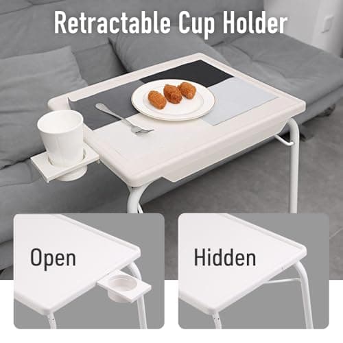 Japard Folding TV Tray Table, Small Bedside Sofa Dinner Table with Cup Holder, Adjustable 6 Height & 3 Tilt Angle (TV Tray White) 6