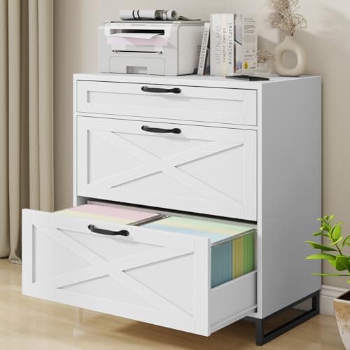 Lateral File Cabinet with 3 Drawers, Modern Farmhouse File Cabinet for Legal/Letter/A4 Size Hanging Files, Printer Stand Large Wood Home Office Furniture, White