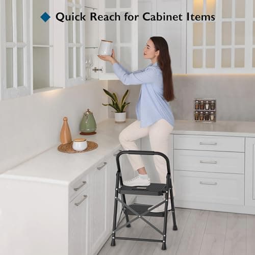 BONTEC 2-Step Ladder, Folding Step Stool, 600lbs Max Load Capacity, Sturdy Steel, Non-Slip Pedals, Lightweight, Portable Steel Ladder with Convenient Handrail, Safety Design for Home & Work, Black 5