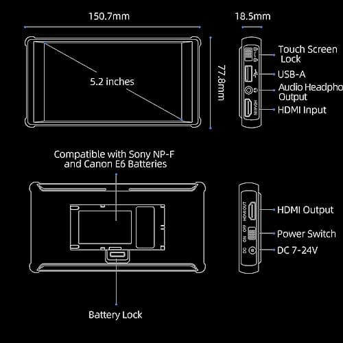 Portkeys PT6 5.2 inch DSLR Camera Monitor, 3D LUT 4K HDMI Touch Screen 1920 * 1080 Live Streaming Monitor with Peaking Frame, Wireframe Protection, Image Crop Function for Live Stream, etc 9