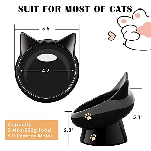 PETNF Cat Bowls for Indoor Cats,2 Pack Ceramic Raised Slanted Cat Food Bowl Elevated Tilted Whisker Friendly,Anti Vomiting Cat Feeding Bowl,Black White Kitty Water Bowl,Ergonomic Cat Dishes Plate Set 6
