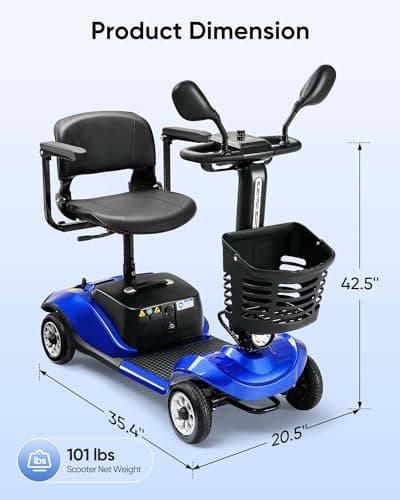Compact 4 Wheel Mobility Scooter with Display, Foldable Electric Scooter for Seniors and Adults, Heavy Duty Travel Model with Lights, Basket, and Long-Lasting Extended Battery 5