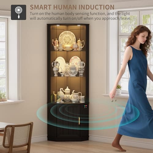Lvifur 69" Corner Glass Display Cabinet with RGB Lights,3-Tier Movable Glass Shelves,Curio Display with Human Body Sensor,Bookcase with Storage Cabinet for Toys,Books,Collectibles,Liquor,Black 7