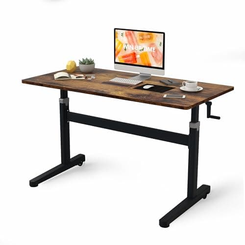 Win Up Time Manual Standing Desk Height Adjustable - Portable Sit to Stand Home Office Desks - Non-Electric Rising Table with Hand Crank and Rolling Wheels - 48 Inch Brown Whole Piece Wood Desktop