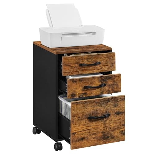 VASAGLE File Cabinet, 3 Drawers Filing Cabinet for Home Office, with Wheels, for A4, Letter Sized Documents, Hanging File Folders, Rustic Brown and Ink Black UOFC065B01