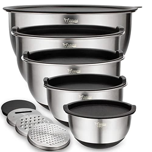 Wildone Mixing Bowls with Airtight Lids Set, 5PCS Stainless Steel Nesting Bowls for Kitchen, with Grater Attachments & Non-Slip Bottoms, Size 5, 3, 2, 1.5, 0.63 QT, Great for Mixing & Serving