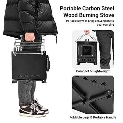 Wood Burning Stove, Wood Stove With Chimney Pipes, Small Camping Wood Stove With Anti-Spark and Adjustment Pipe for Hunting,fishing,Cooking,Heating,Drying Clothes double-layer Hot Tent Stove 7