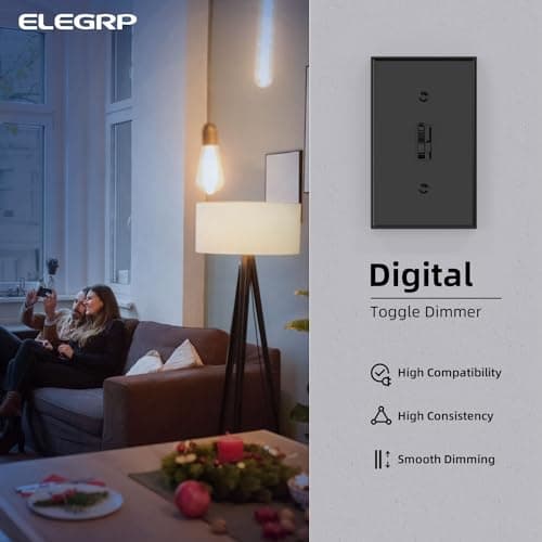ELEGRP Digital Toggle Dimmer Switch for Dimmable LED, CFL and Incandescent Light Bulbs, Single Pole or 3-Way Toggle LED Dimmer Light Switch, Wall Plate Included, UL Listed, 6 Pack, Black 2
