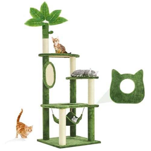 TSCOMON 61" Cat Tree for with Green Leaves, Multi-Level Large Cat Tower with Hammock, Plush Cat House with Hang Ball Toy and Sisal Scratching Posts Furniture, Green