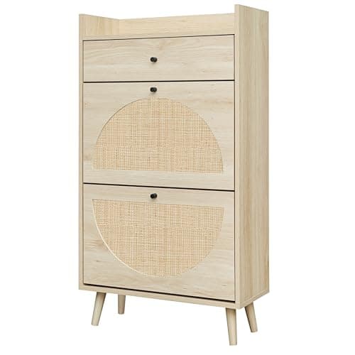 ZeHuoGe Natural Rattan Shoe Cabinet with 2 Flip Drawers, 2-Tier Shoe Rack Storage Cabinet for Heels, Slippers, Free Standing Shoe Rack for Entrance Hallway (Natural)