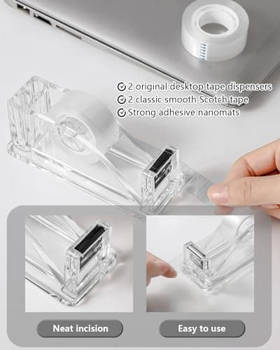 XUENIN 2-Piece Acrylic Tape Dispenser Desk - Durable, Stylish, and Versatile for Home, Office, or School - Fits Standard Tape Rolls - Desktop Convenience for Easy Organization（Silvery） 6