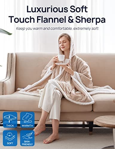 Westinghouse Wearable Heated Throw Blanket, Electric Heated Wrap Poncho Shawl with Pockets, 6 Heating Levels & 2 to 10 Hours Time Settings, 50 x 60 Inch, Beige 2