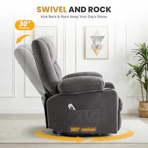Swivel Recliner Chair for Adults with Vibration Massage and Lumbar Heat, Oversized Ergonomic Rocking Chair for Living Room and Bedroom, Featuring Side Pocket, 2 Cup Holders & USB Charge Port 6