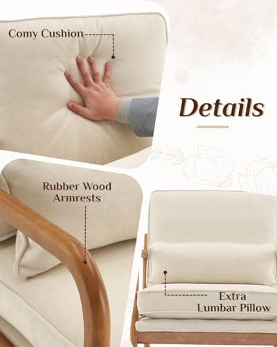 Karl home Accent Chair Mid-Century Modern Chair with Pillow Linen Fabric Upholstered Lounge Arm Chair with Solid Wood Frame & Soft Cushion for Living Room, Bedroom, Balcony, Beige 6