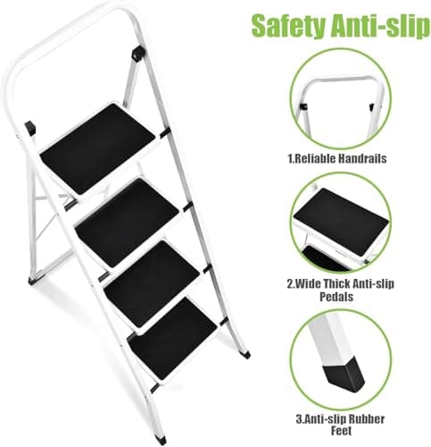 Soctone Step Ladder 4 Step Folding with Anti-Slip Pedal, Lightweight 4 Step Ladder with Handrails, 330 lbs Capacity Perfect for Kitchen & Household, White 6