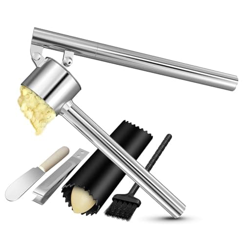5-in-1 Stainless Steel Garlic Press Set with Jumbo Chamber & Mincer - Heavy Duty Rustproof Garlic Crusher with Ergonomic Handle, Dishwasher Safe, Easy Squeeze Design for Ginger, Nuts, Herbs