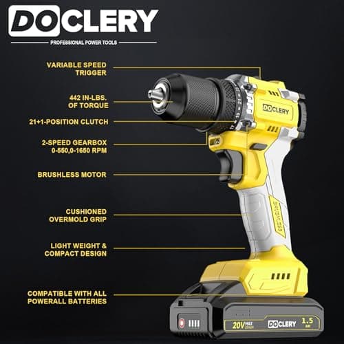 DOCLERY 20V Brushless Cordless Drill, Electric Power Drill Set with 1 Battery & Charger, 2 Variable Speed, 442.48 In-lb Torque, 21+1 Position and 34pcs Drill/Driver Bits 7