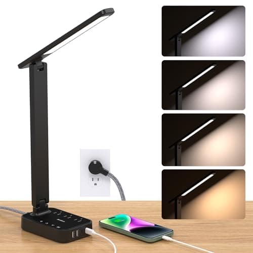 Addtam LED Desk Lamp, Power Strip with 3 Outlets 4 USB Charging Ports(2 USBC), 4 Modes 5 Level Brightness Touch Lamp, Small Desk Lamp for Home Office College Dorm Room Essentials, 10FT