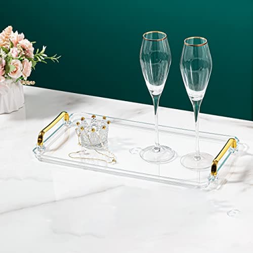 Waltsun Acrylic Serving Tray with Handles Ottoman Countertop Decorative Tray Serving Tray Spill-Proof Tray for Coffee Table Living Room Bedroom16 x 9 x 0.8 inches (Amber) 6