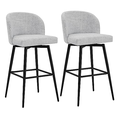 Watson & Whitely Barstools Bar Height Set of 2, Upholstered 360° Swivel Bar Stools with Backs and Metal Legs, 30" H Seat Height, Fabric in White (Multi-Colored)