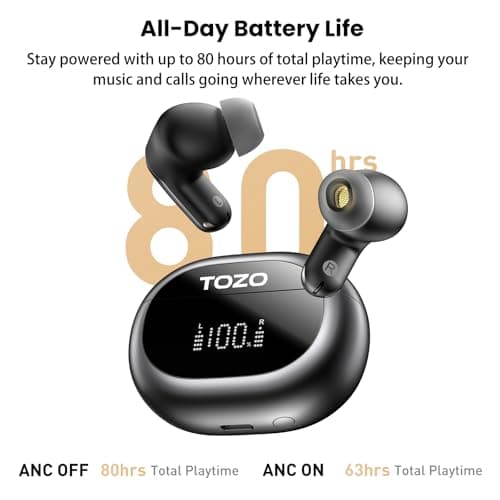 TOZO NC20 Active Noise Cancelling Wireless Earbuds, LDAC Hi-Res Sound Bluetooth Headphones, 6 Mics AI Call Ear Buds 80H Playtime, Dual Pairing, 32 EQ via App, IPX8 Waterproof, Wireless Charging Case 5