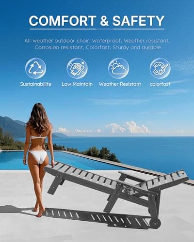 Serique Chaise Lounge Chair Outdoor with Wheels, Oversize Patio Lounge Chairs with Wood Texture, 5-Position Plastic Lounge Chairs for Poolside, Patio, Deck, Beach 7