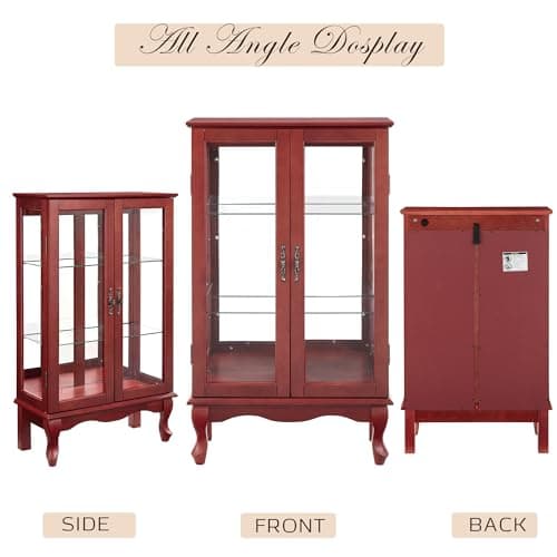 44" Small LED Glass Accent Curio Cabinet, Vintage China Cage with 2 Tempered Glass Doors & Adjustable Shelves, Acrylic Mirrored Pane, Elegant Wine Artwork Showcase for Living Room/Kitchen (Cherry) 9