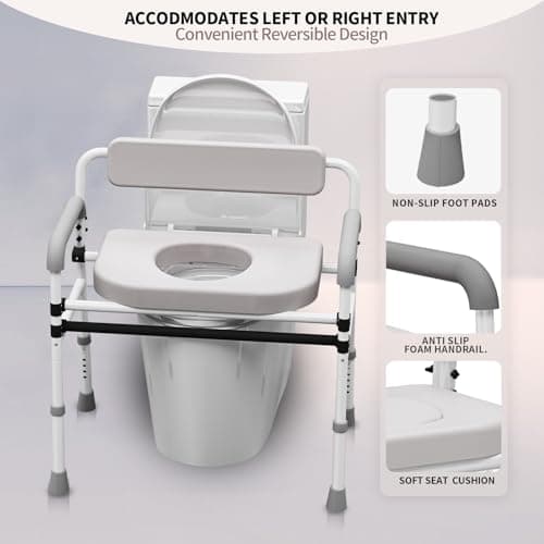 Adjustable Medical Bedside Commode Chair with Padded Backrest, Drop Arm Support, Height Adjustable 6