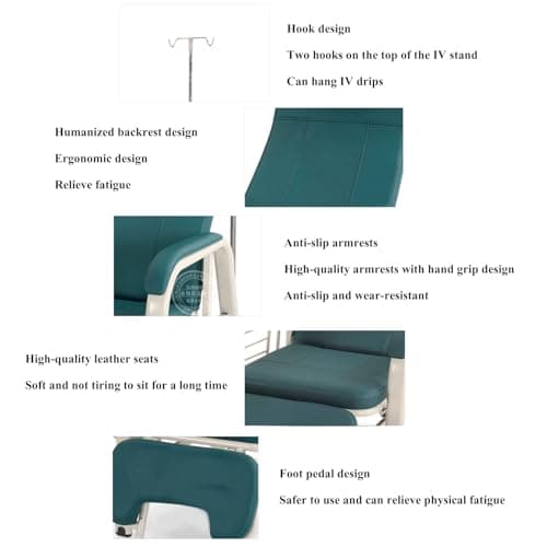 Fully Reclining Reception Chair Waiting Room Medical Chairs, Adjustable Infusion Chair with IV Pole Stand, Blood Drawing Chair Soft Padded Seat, First Aid Room Examination Recliner Chair (Blue) 6